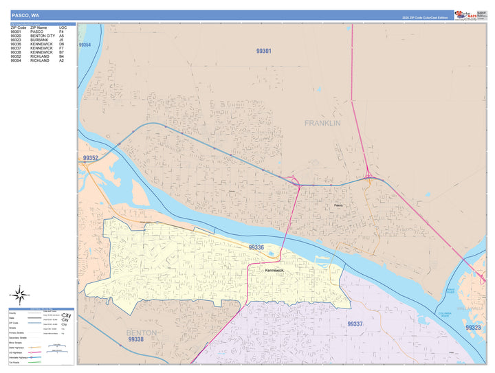 Color Cast Zip Code Style Wall Map of Pasco, WA