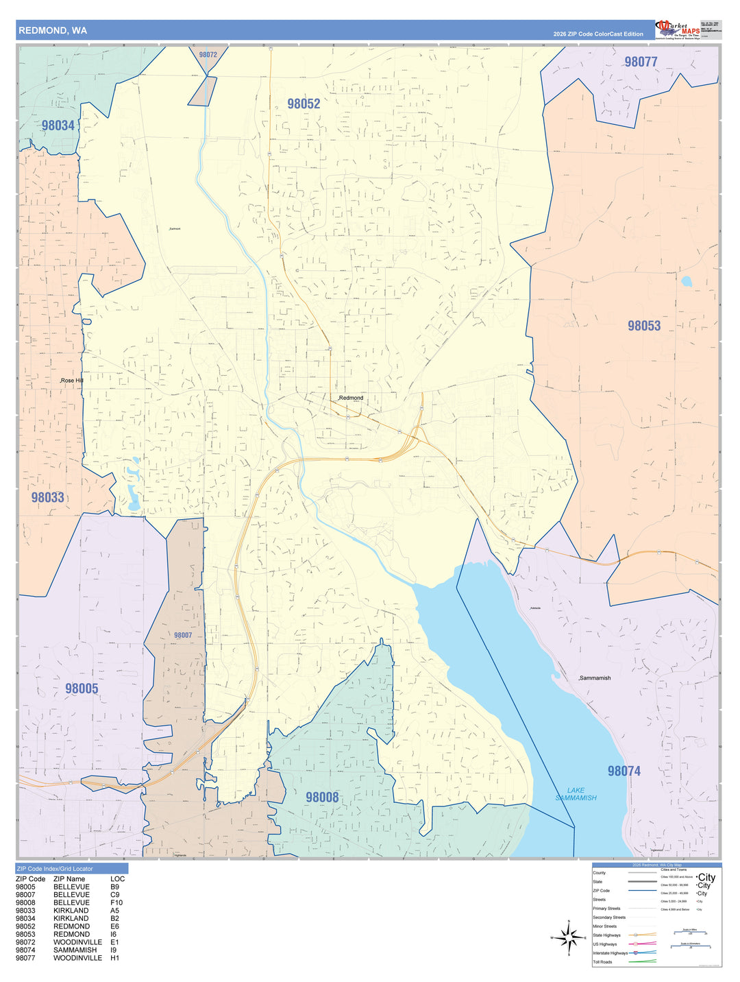 Color Cast Zip Code Style Wall Map of Redmond, WA