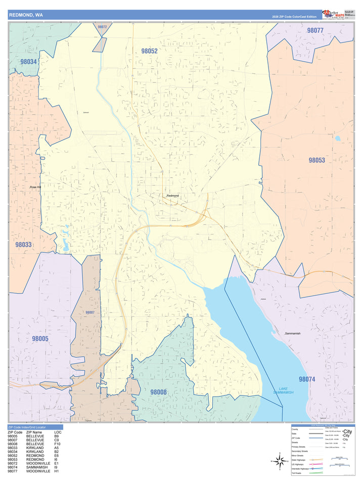 Color Cast Zip Code Style Wall Map of Redmond, WA