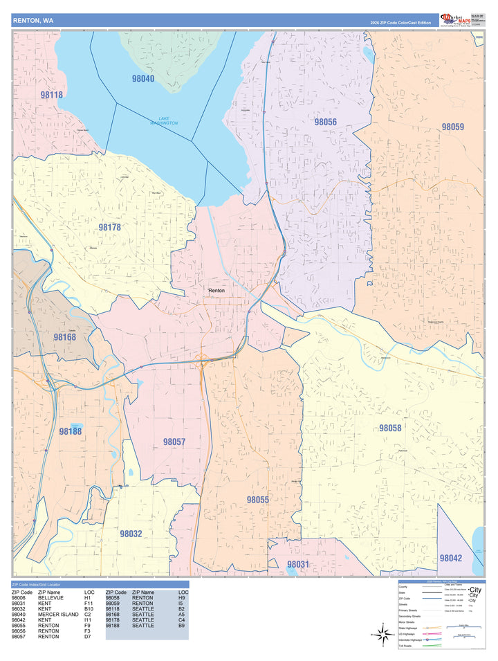 Color Cast Zip Code Style Wall Map of Renton, WA