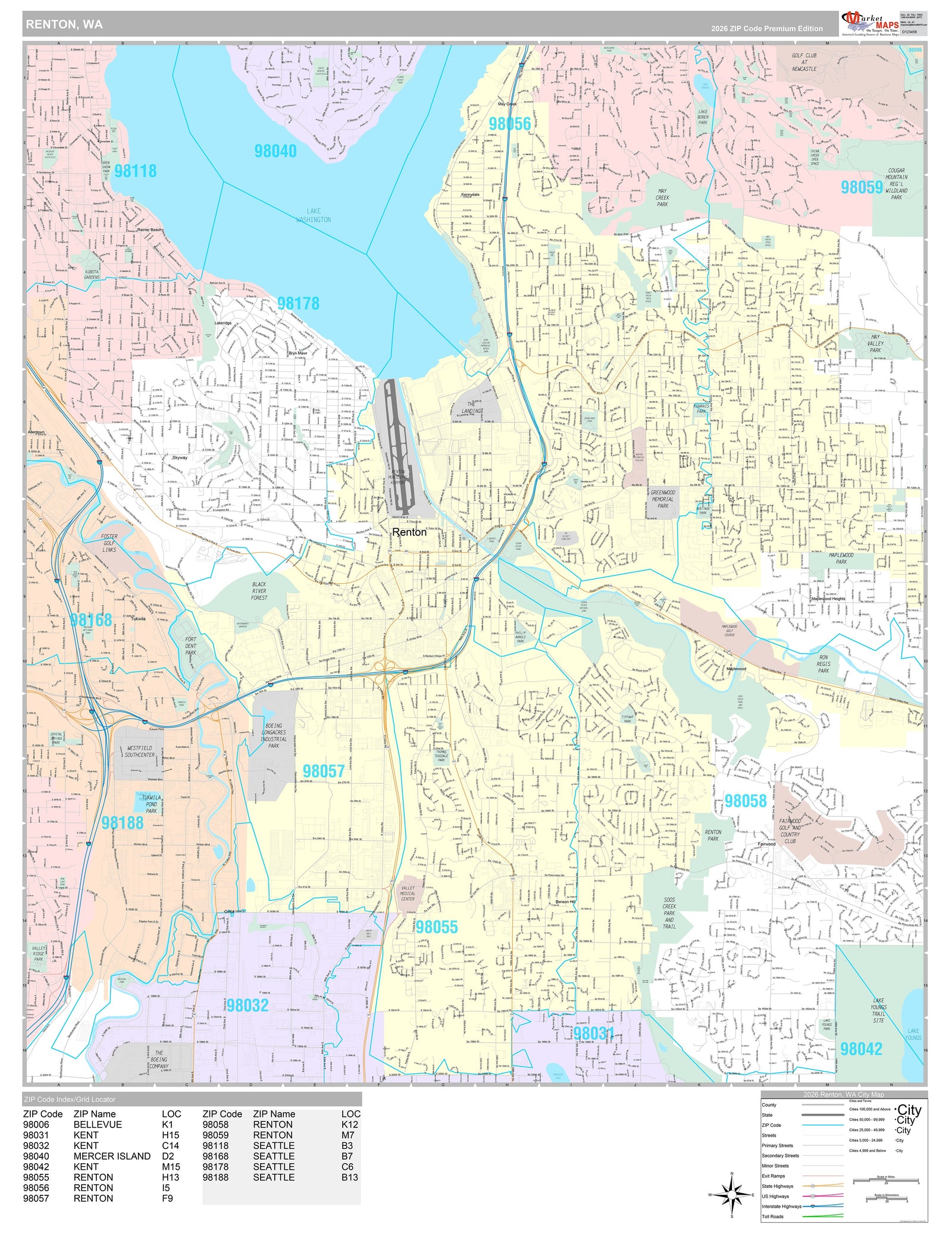 Premium Style Wall Map of Renton, WA
