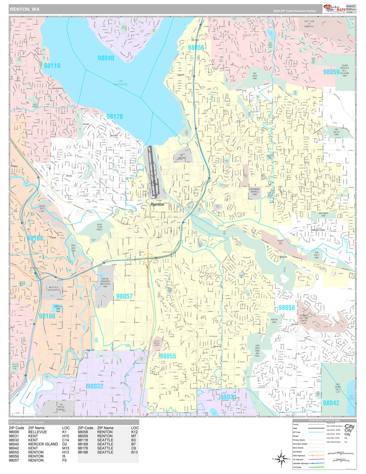 Premium Style Wall Map of Renton, WA
