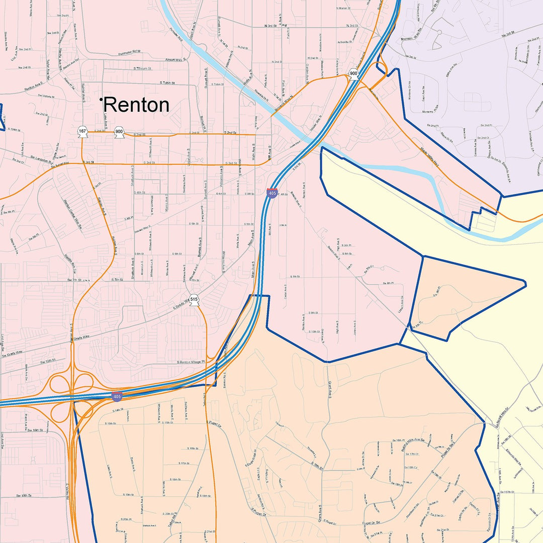 Color Cast Zip Code Style Wall Map of Renton, WA
