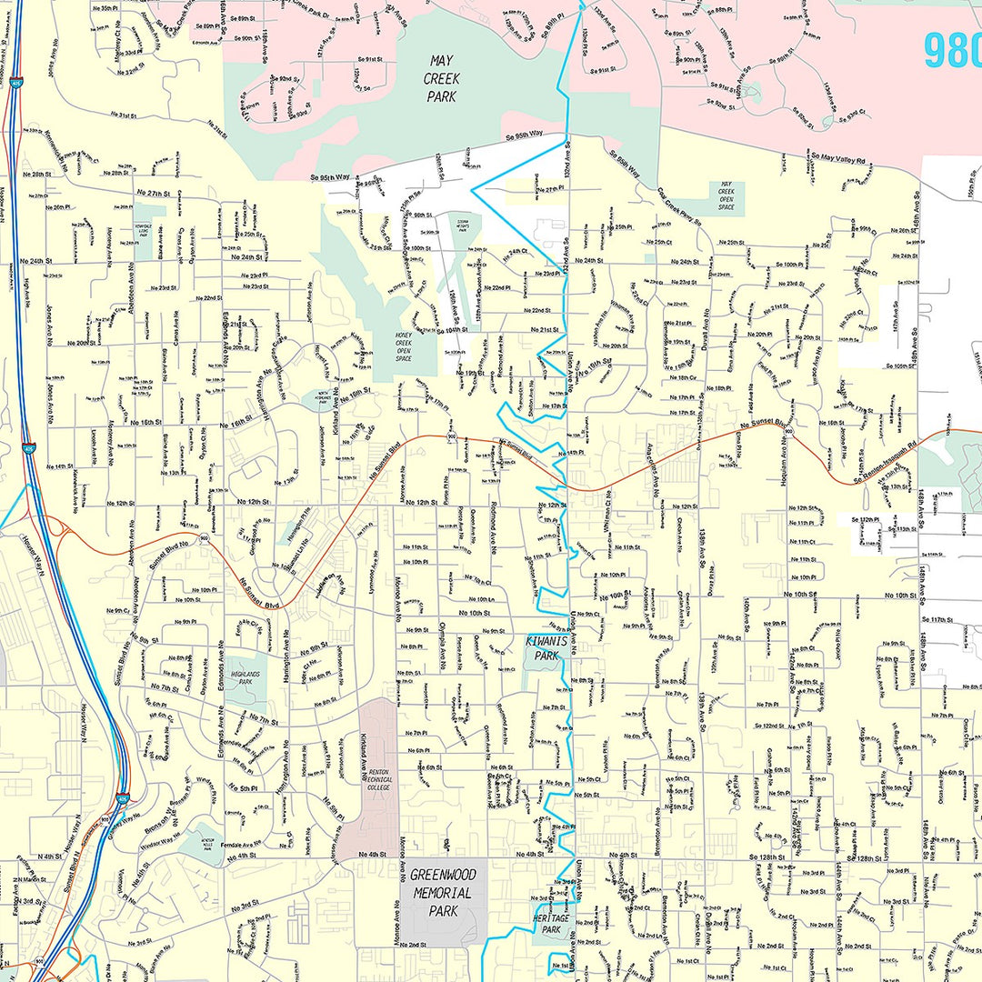 Premium Style Wall Map of Renton, WA