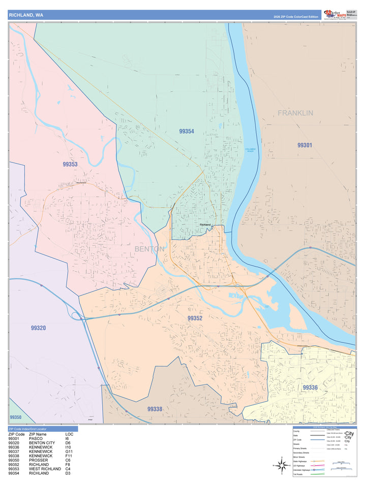 Color Cast Zip Code Style Wall Map of Richland, WA