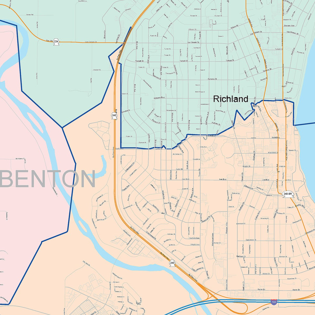 Color Cast Zip Code Style Wall Map of Richland, WA