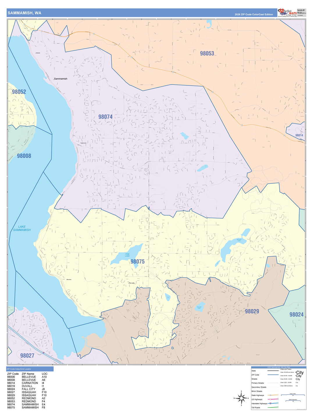 Color Cast Zip Code Style Wall Map of Sammamish, WA