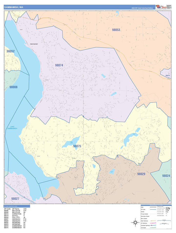 Color Cast Zip Code Style Wall Map of Sammamish, WA
