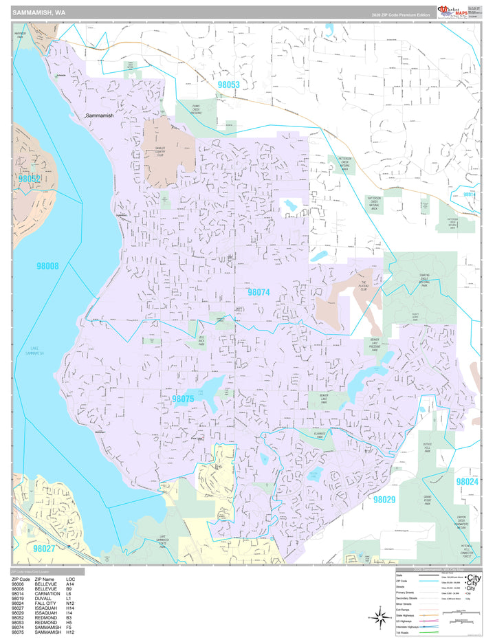 Premium Style Wall Map of Sammamish, WA