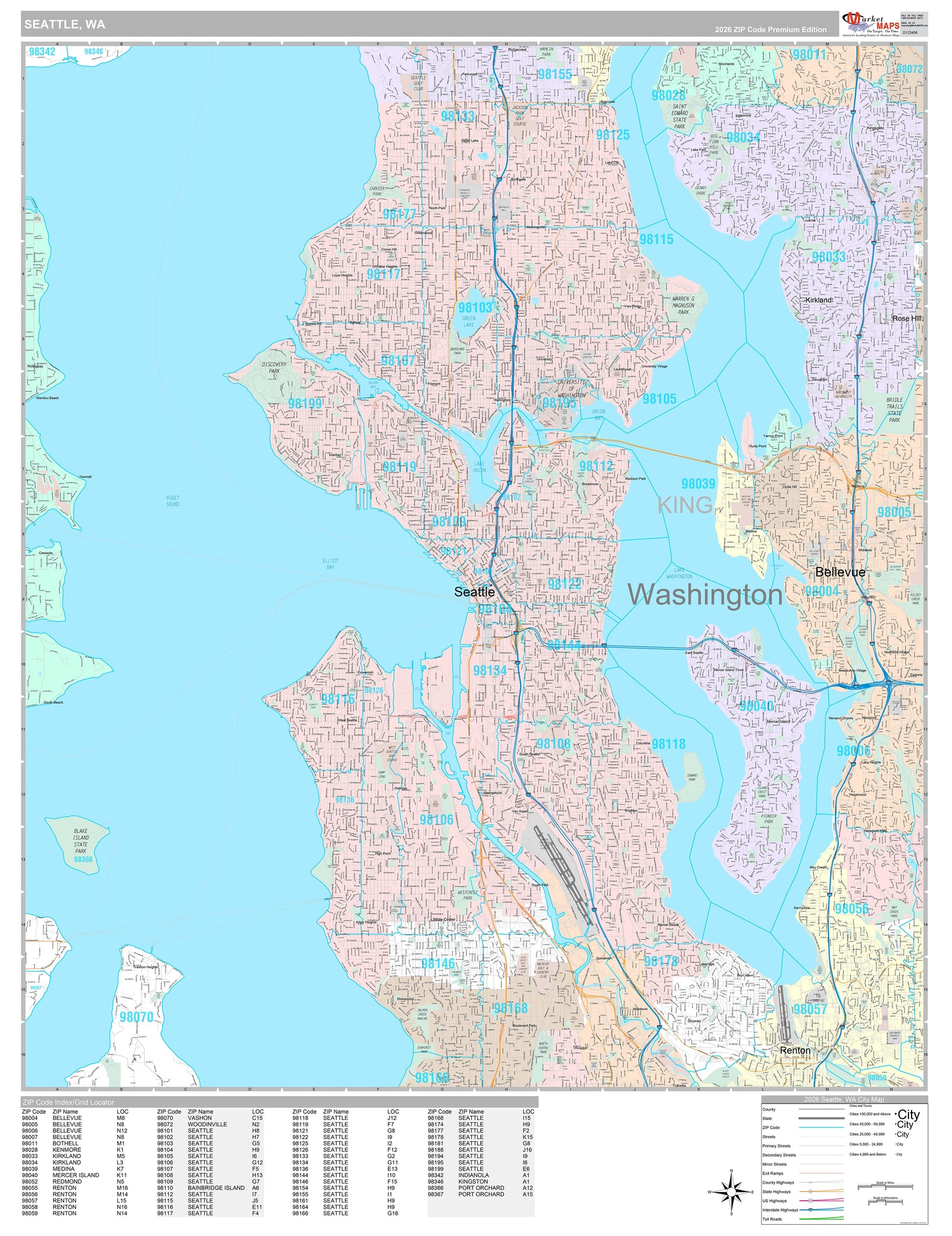 Premium Style Wall Map of Seattle WA