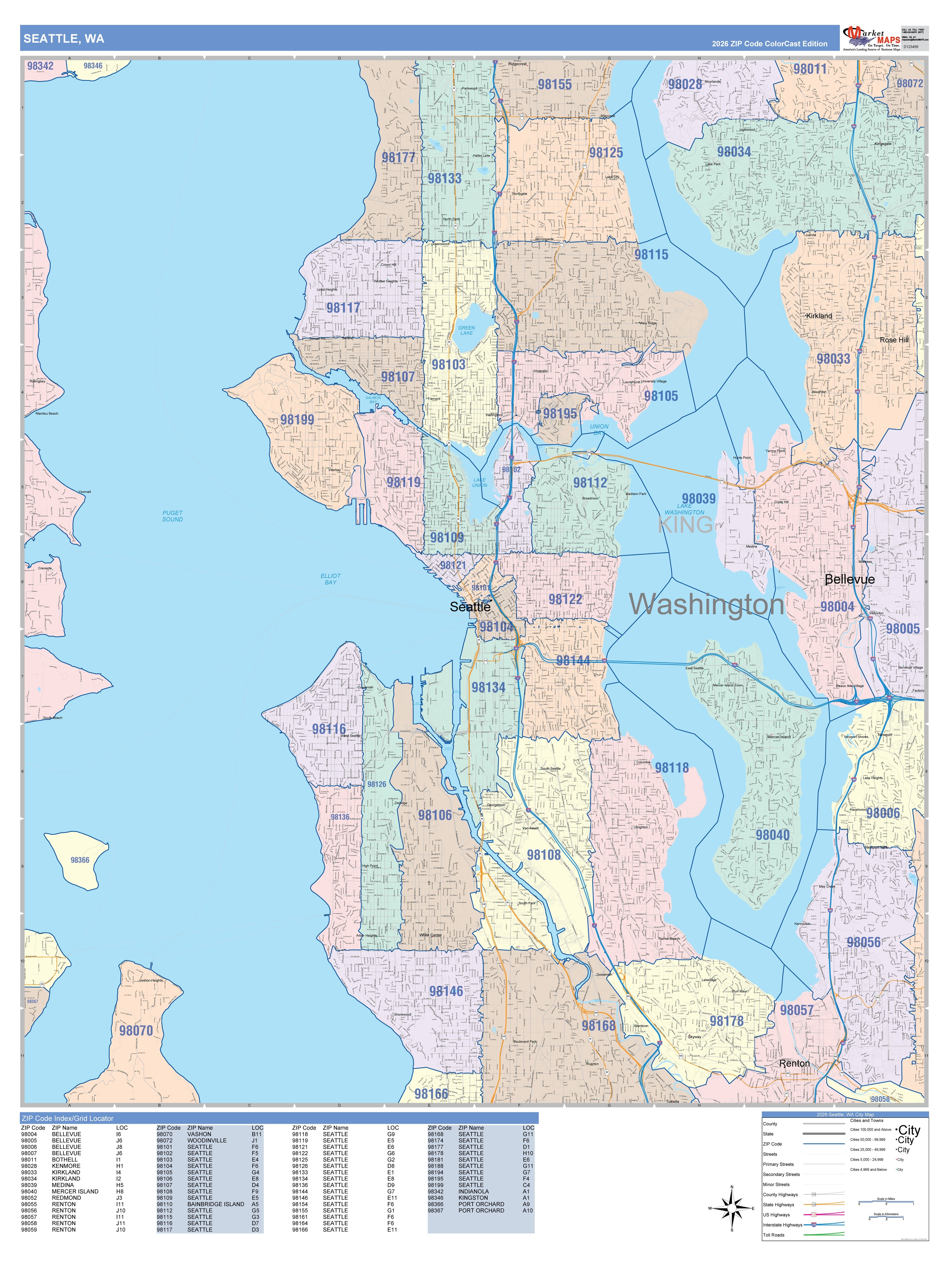 Color Cast Style Wall Map of Seattle, WA – American Map Store