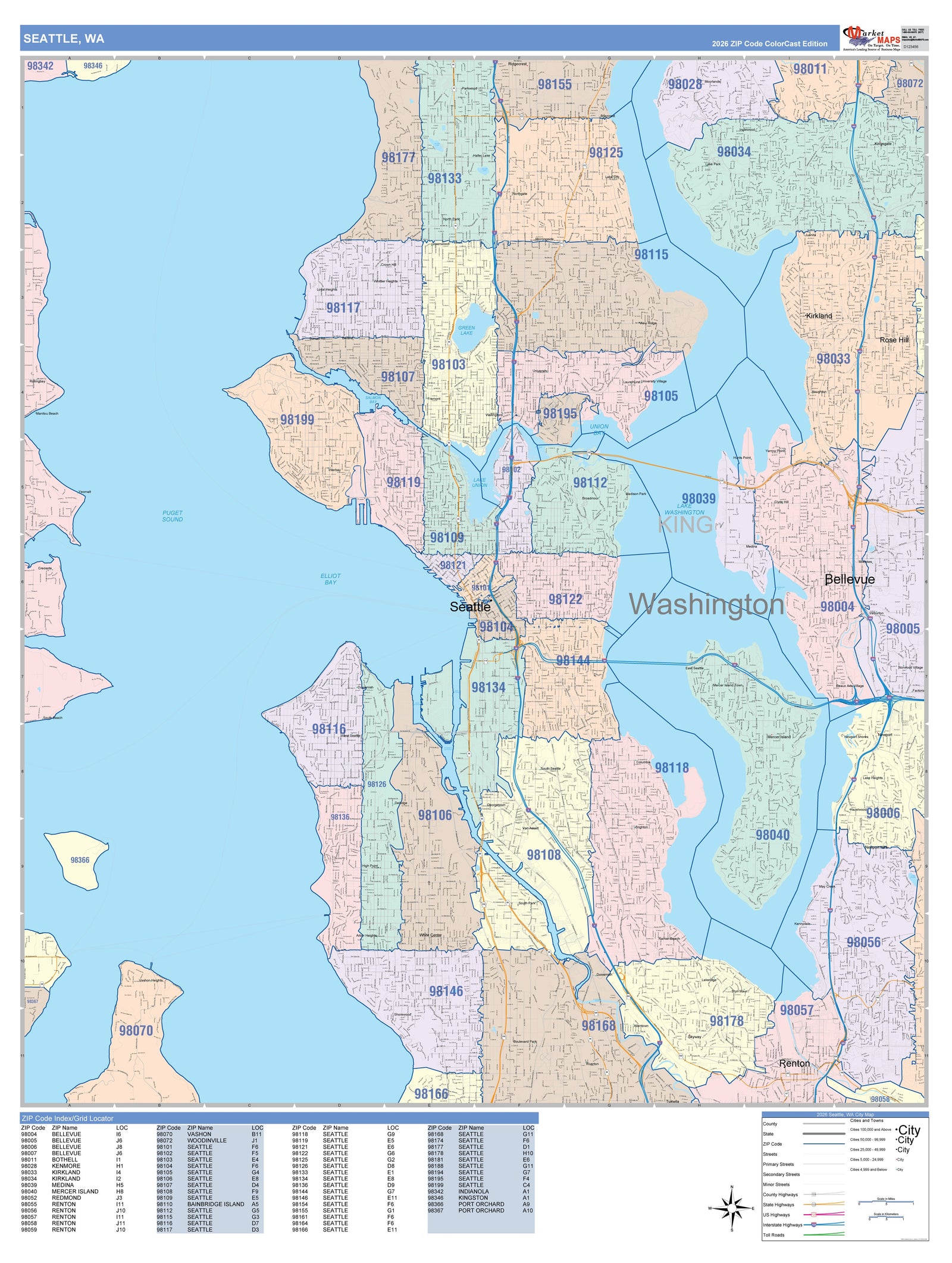 Color Cast Style Wall Map of Seattle WA
