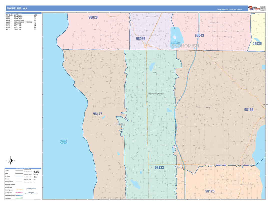 Color Cast Zip Code Style Wall Map of Shoreline, WA