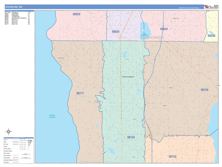 Color Cast Zip Code Style Wall Map of Shoreline, WA