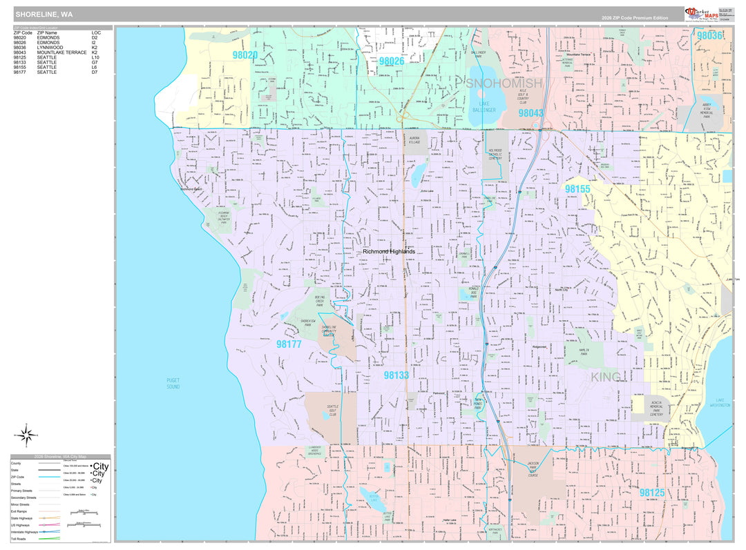 Premium Style Wall Map of Shoreline, WA