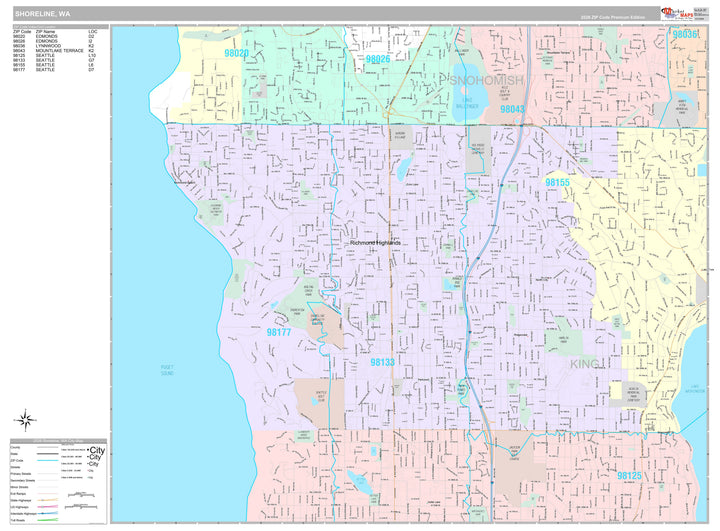 Premium Style Wall Map of Shoreline, WA