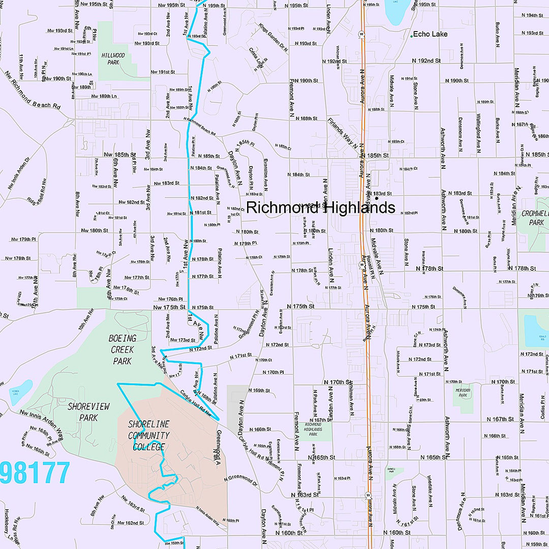 Premium Style Wall Map of Shoreline, WA