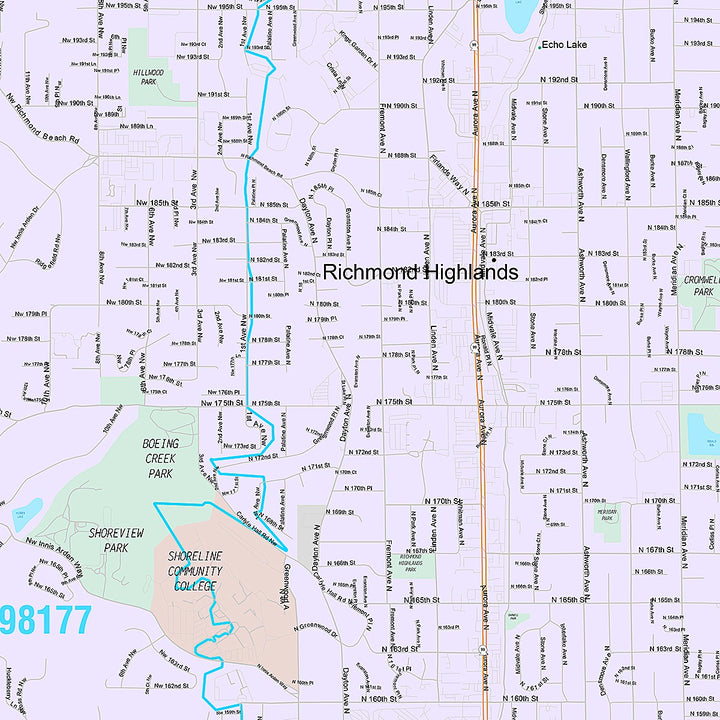 Premium Style Wall Map of Shoreline, WA