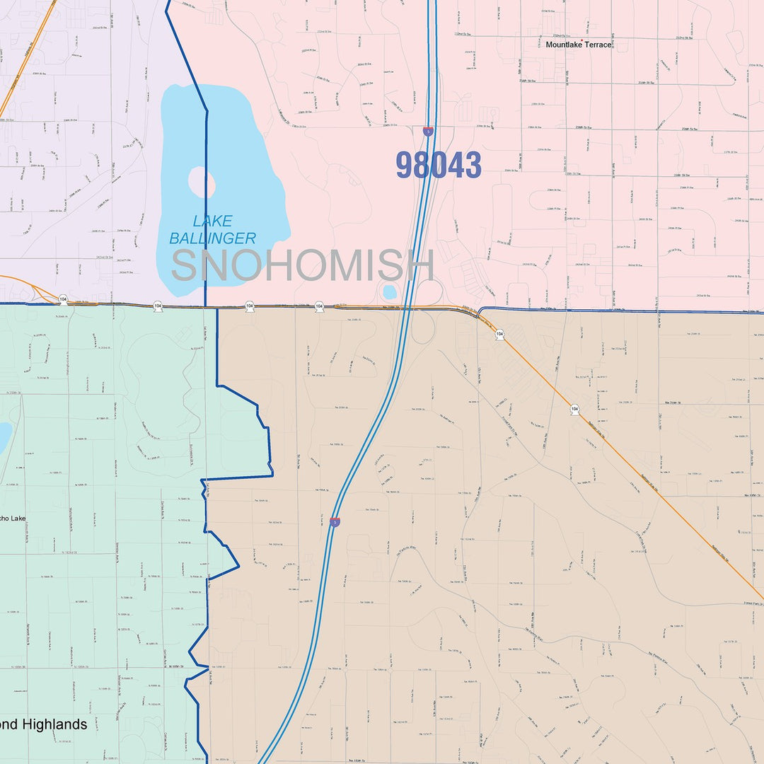 Color Cast Zip Code Style Wall Map of Shoreline, WA