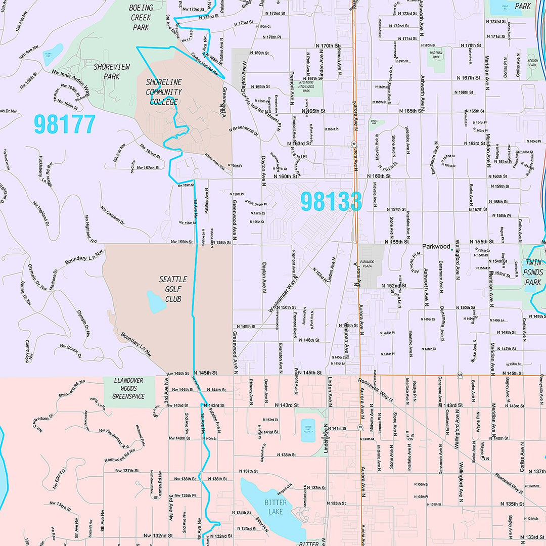 Premium Style Wall Map of Shoreline, WA
