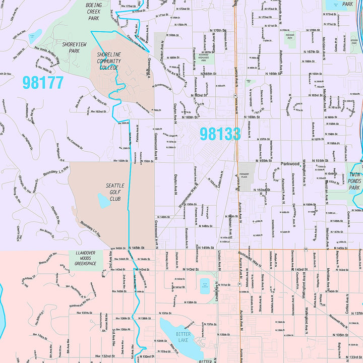 Premium Style Wall Map of Shoreline, WA