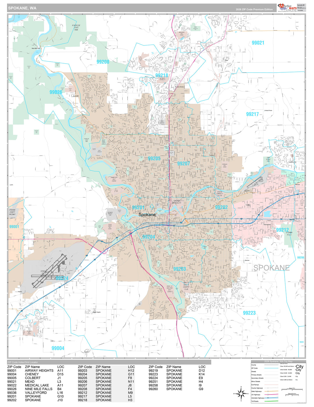 Premium Style Wall Map of Spokane WA
