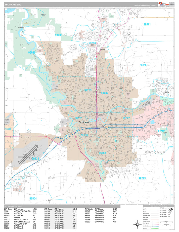 Premium Style Wall Map of Spokane WA