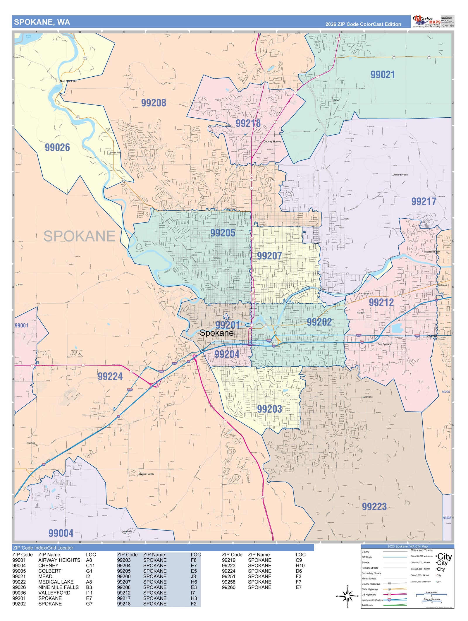 Color Cast Zip Code Style Wall Map of Spokane WA