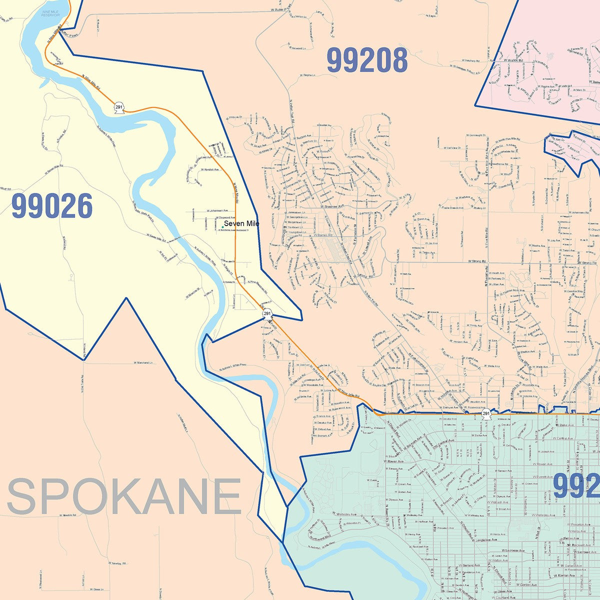 Zip Code 99206 Map Color Cast Zip Code Style Wall Map of Spokane, WA – American Map Store