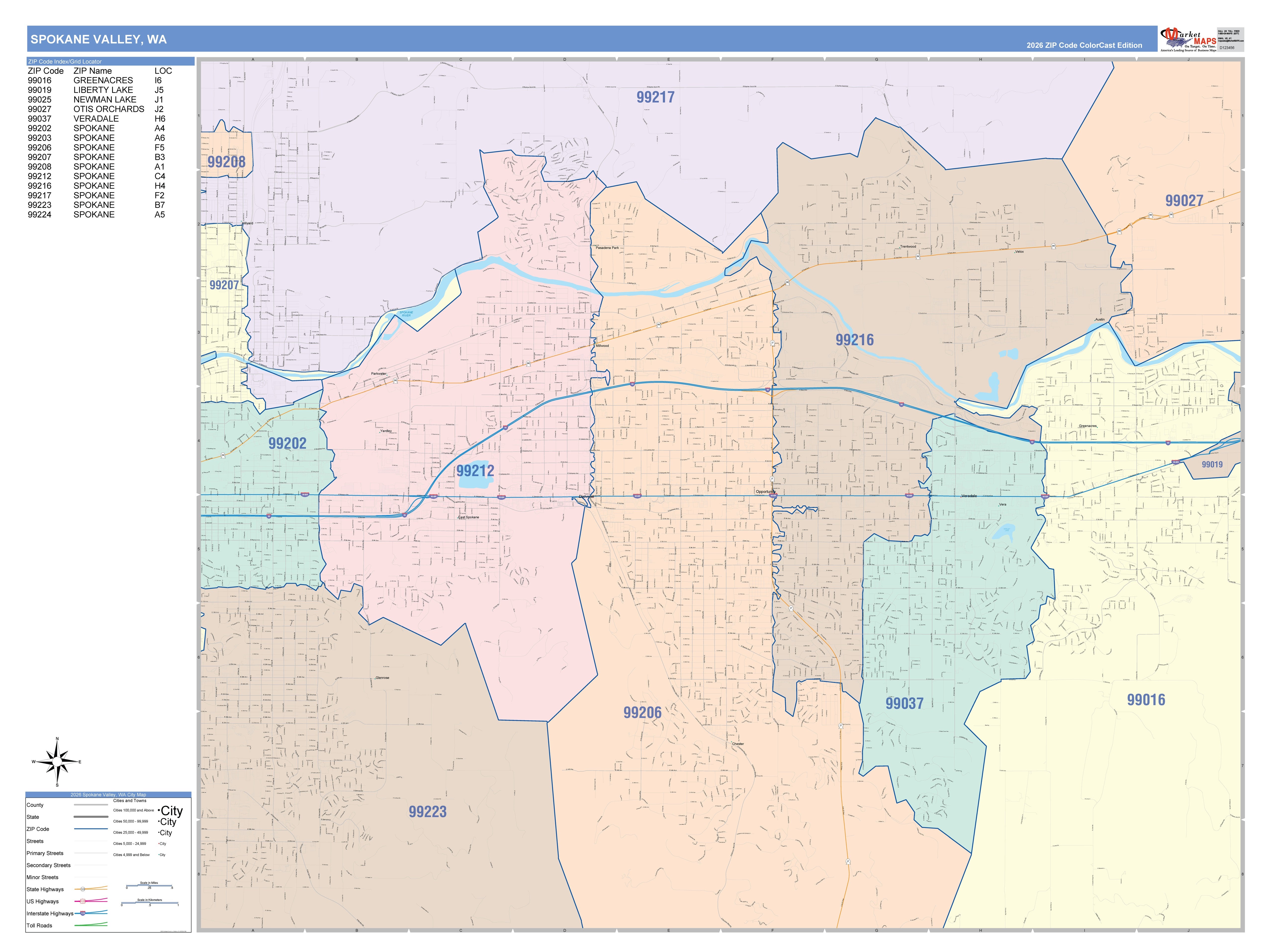 Color Cast Zip Code Style Wall Map of Spokane Valley, WA – American Map ...