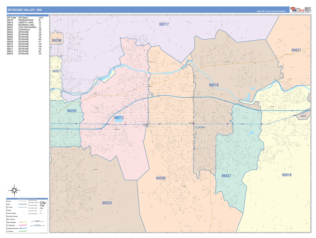 Color Cast Zip Code Style Wall Map of Spokane Valley, WA
