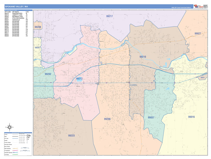 Color Cast Zip Code Style Wall Map of Spokane Valley, WA