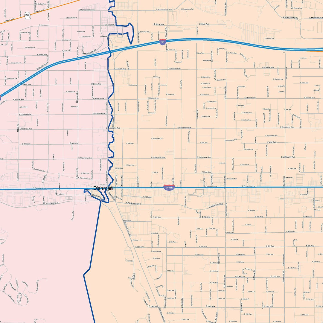 Color Cast Zip Code Style Wall Map of Spokane Valley, WA