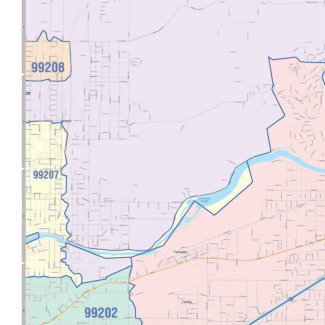 Color Cast Zip Code Style Wall Map of Spokane Valley, WA