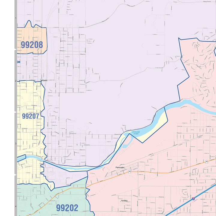 Color Cast Zip Code Style Wall Map of Spokane Valley, WA