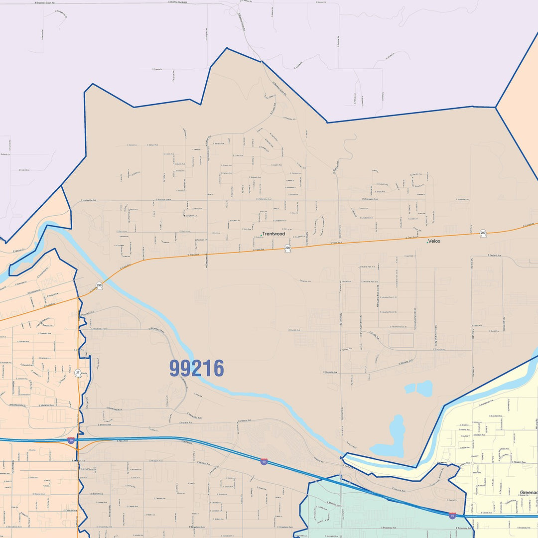 Color Cast Zip Code Style Wall Map of Spokane Valley, WA