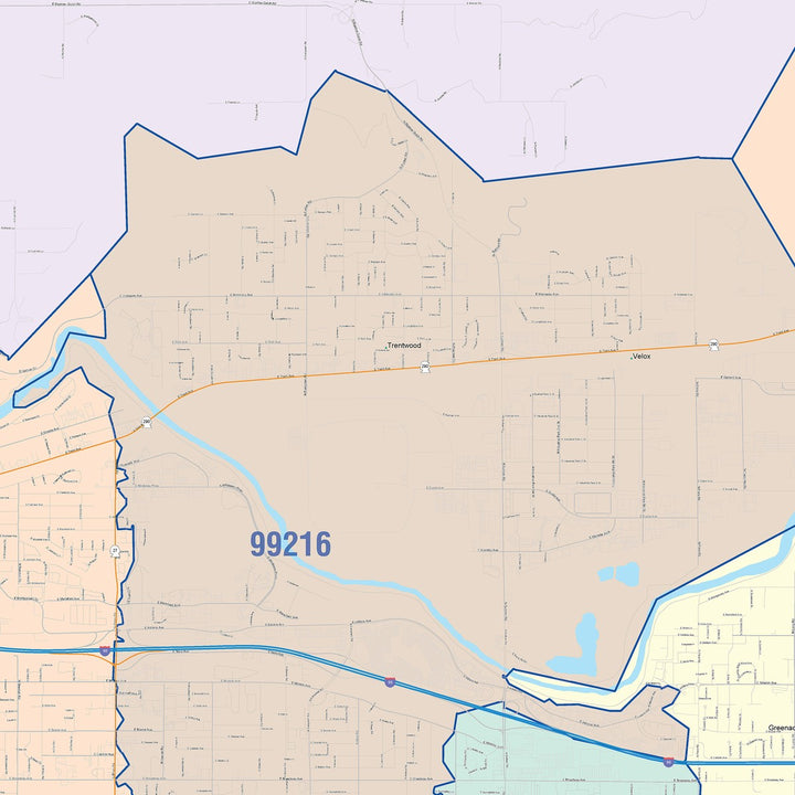 Color Cast Zip Code Style Wall Map of Spokane Valley, WA