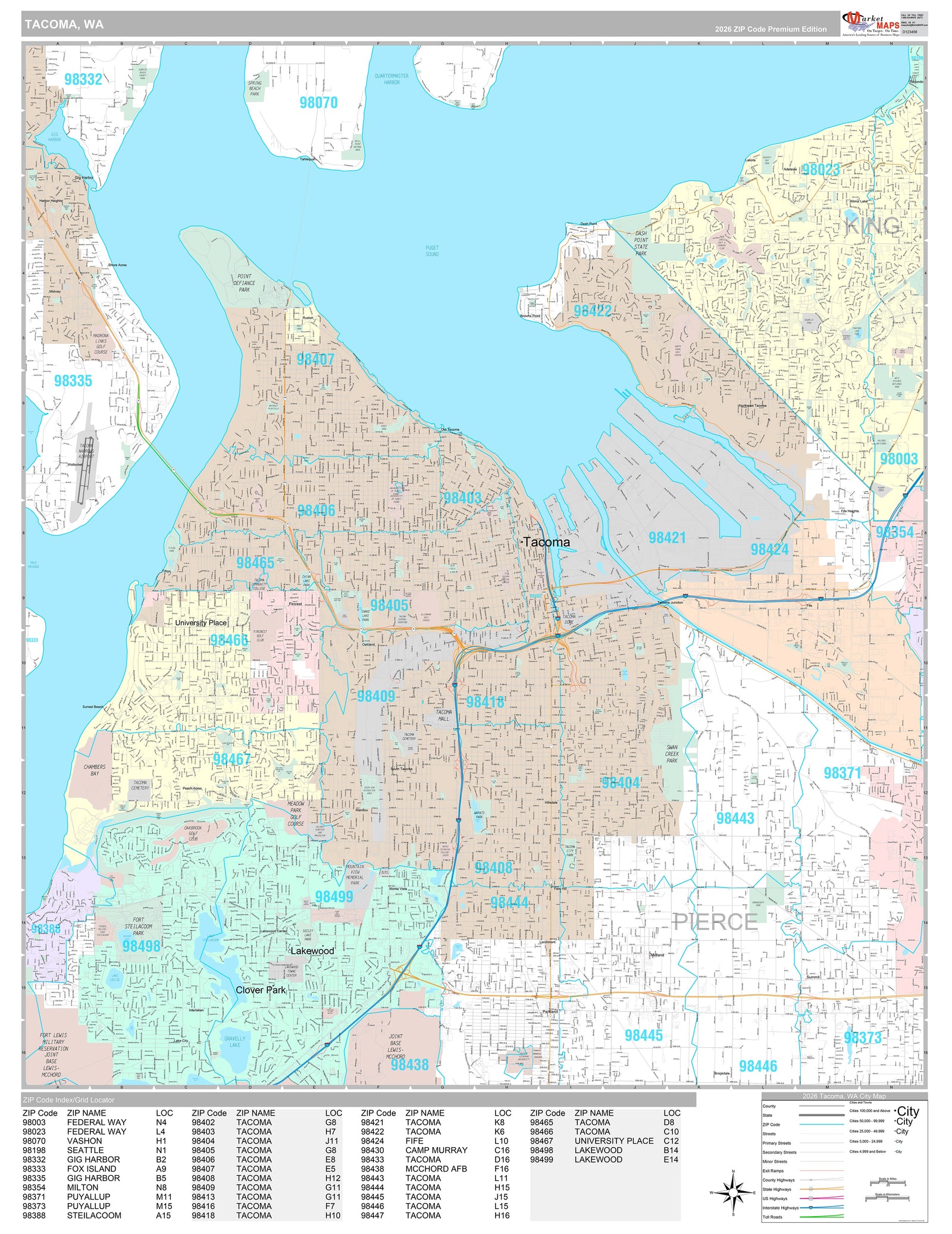 Premium Style Wall Map of Tacoma WA