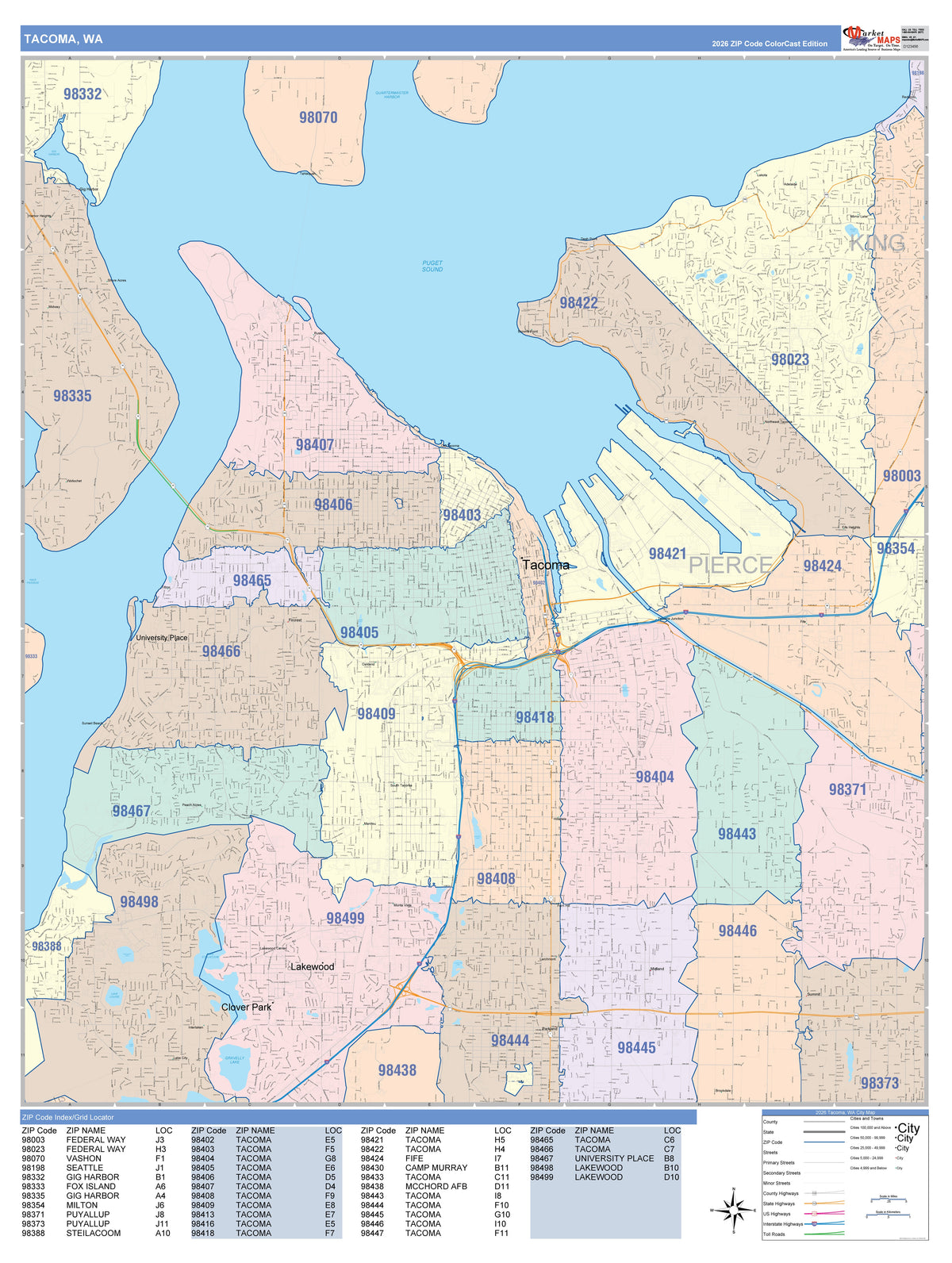 Color Cast Zip Code Style Wall Map of Tacoma, WA – American Map Store