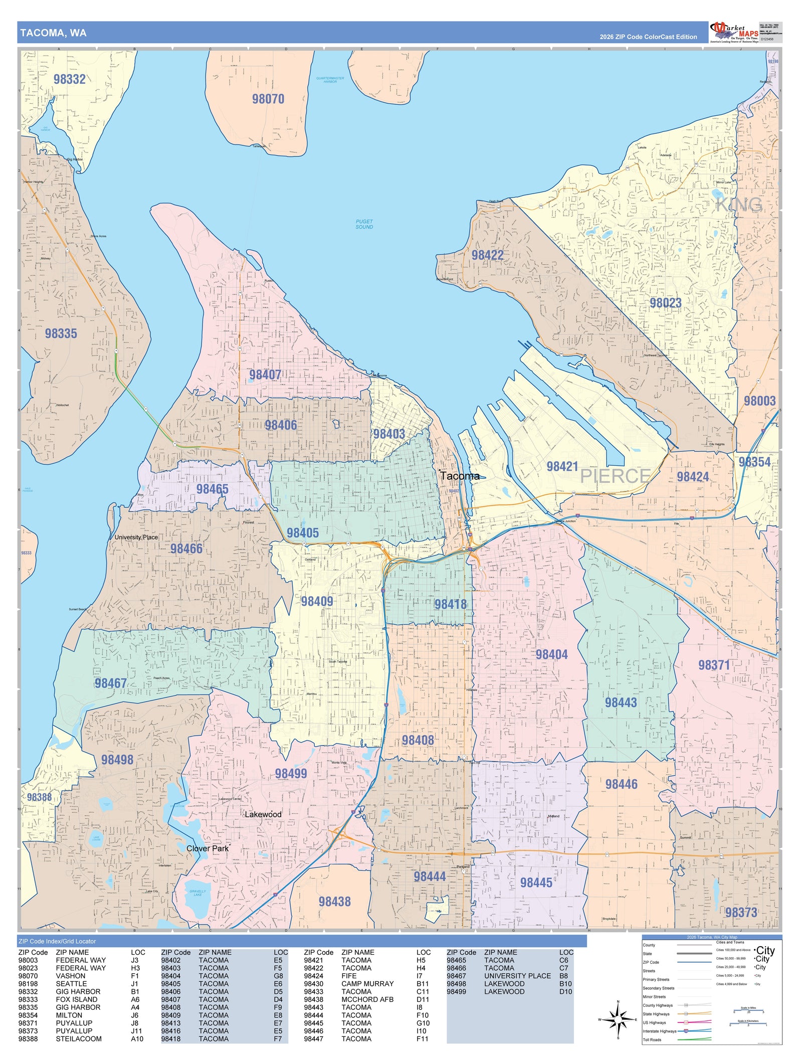 Color Cast Zip Code Style Wall Map of Tacoma WA