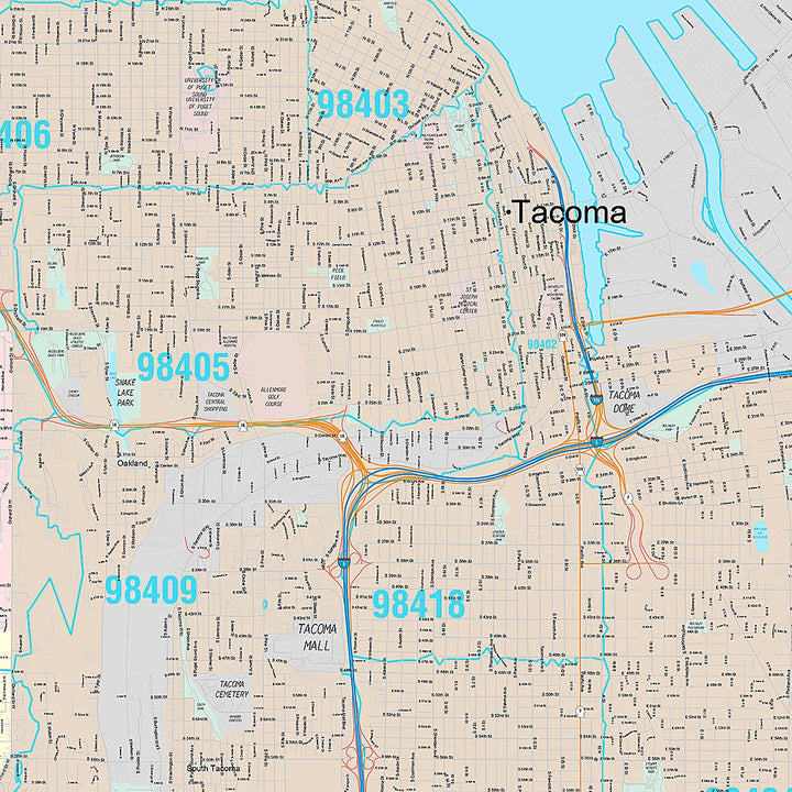 Premium Style Wall Map of Tacoma WA