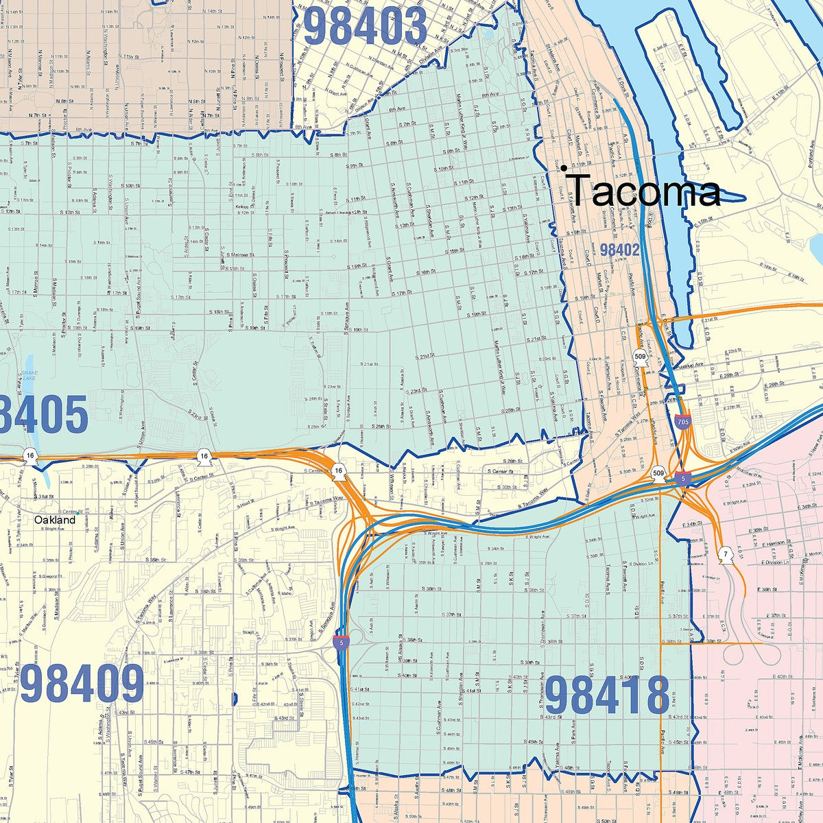Color Cast Zip Code Style Wall Map of Tacoma, WA – American Map Store