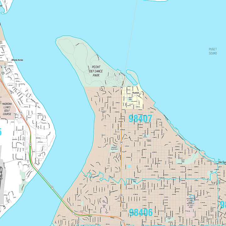 Premium Style Wall Map of Tacoma WA