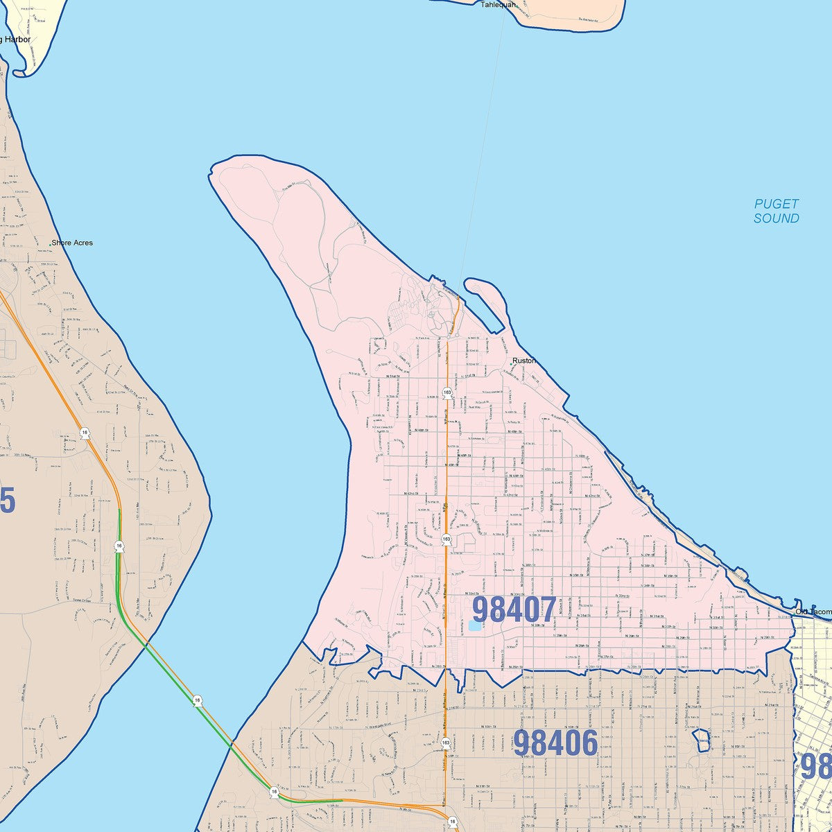 Color Cast Zip Code Style Wall Map of Tacoma, WA – American Map Store