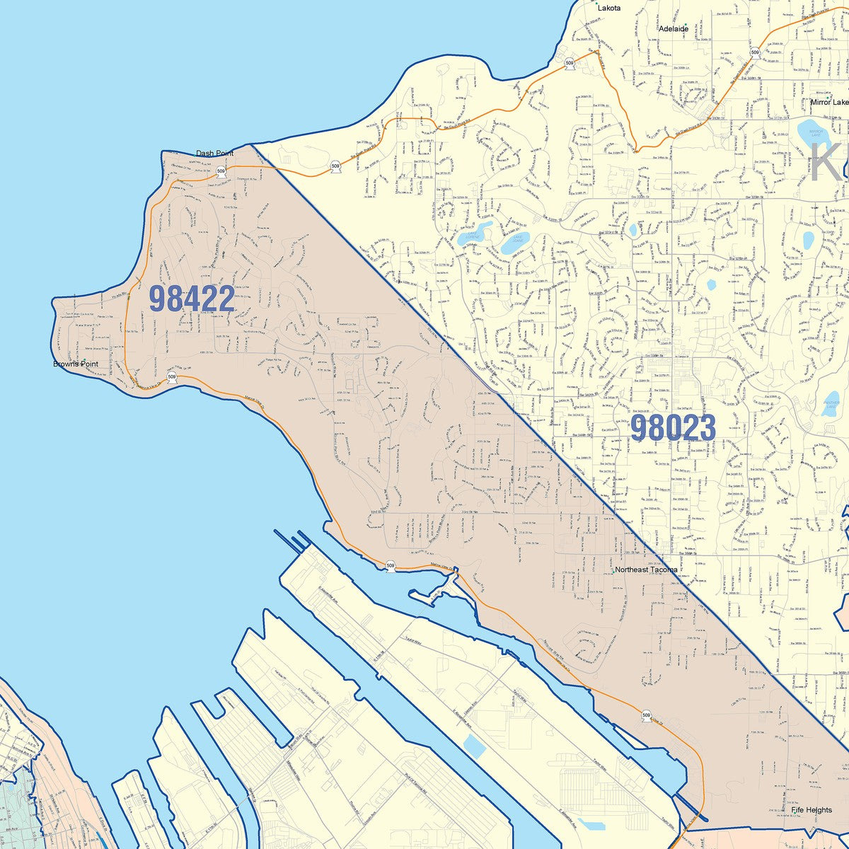 Color Cast Zip Code Style Wall Map of Tacoma, WA – American Map Store