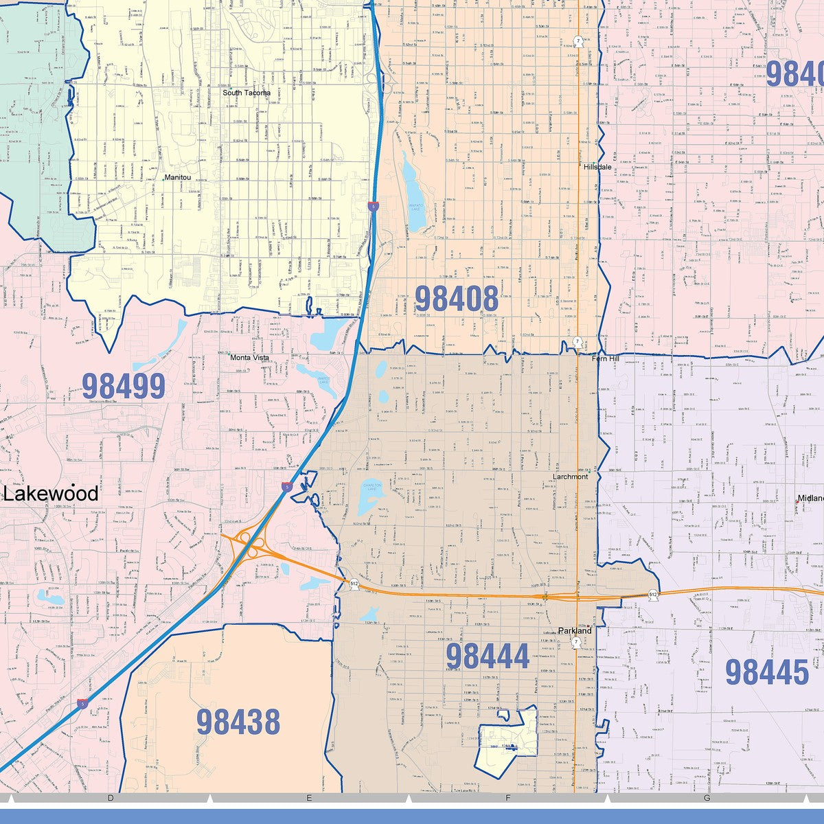 Color Cast Zip Code Style Wall Map of Tacoma, WA – American Map Store