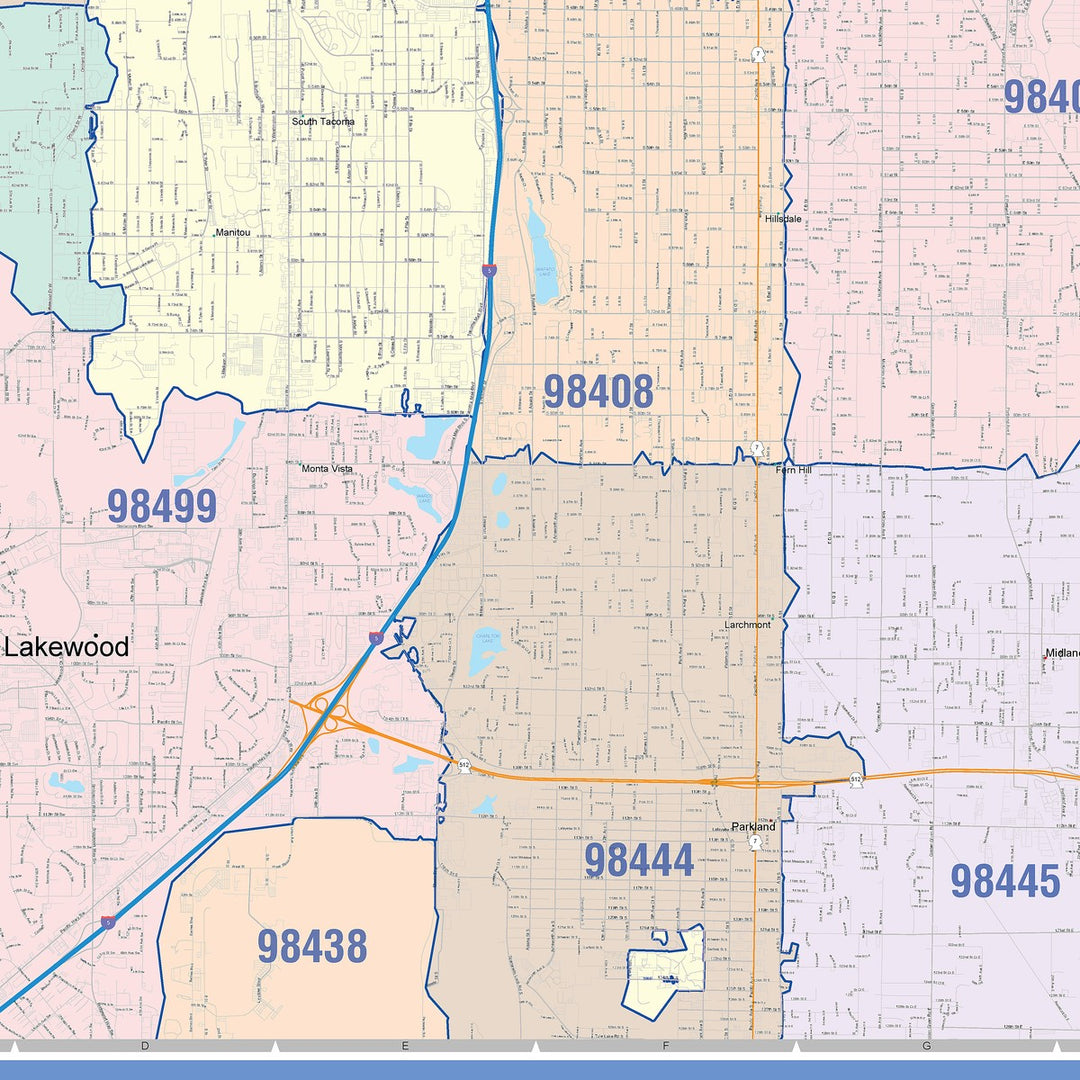 Color Cast Zip Code Style Wall Map of Tacoma, WA – American Map Store