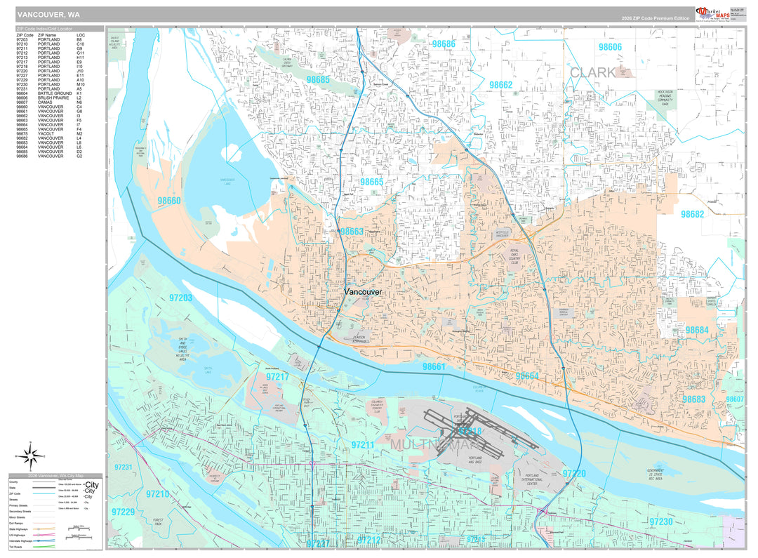 Premium Style Wall Map of Vancouver WA