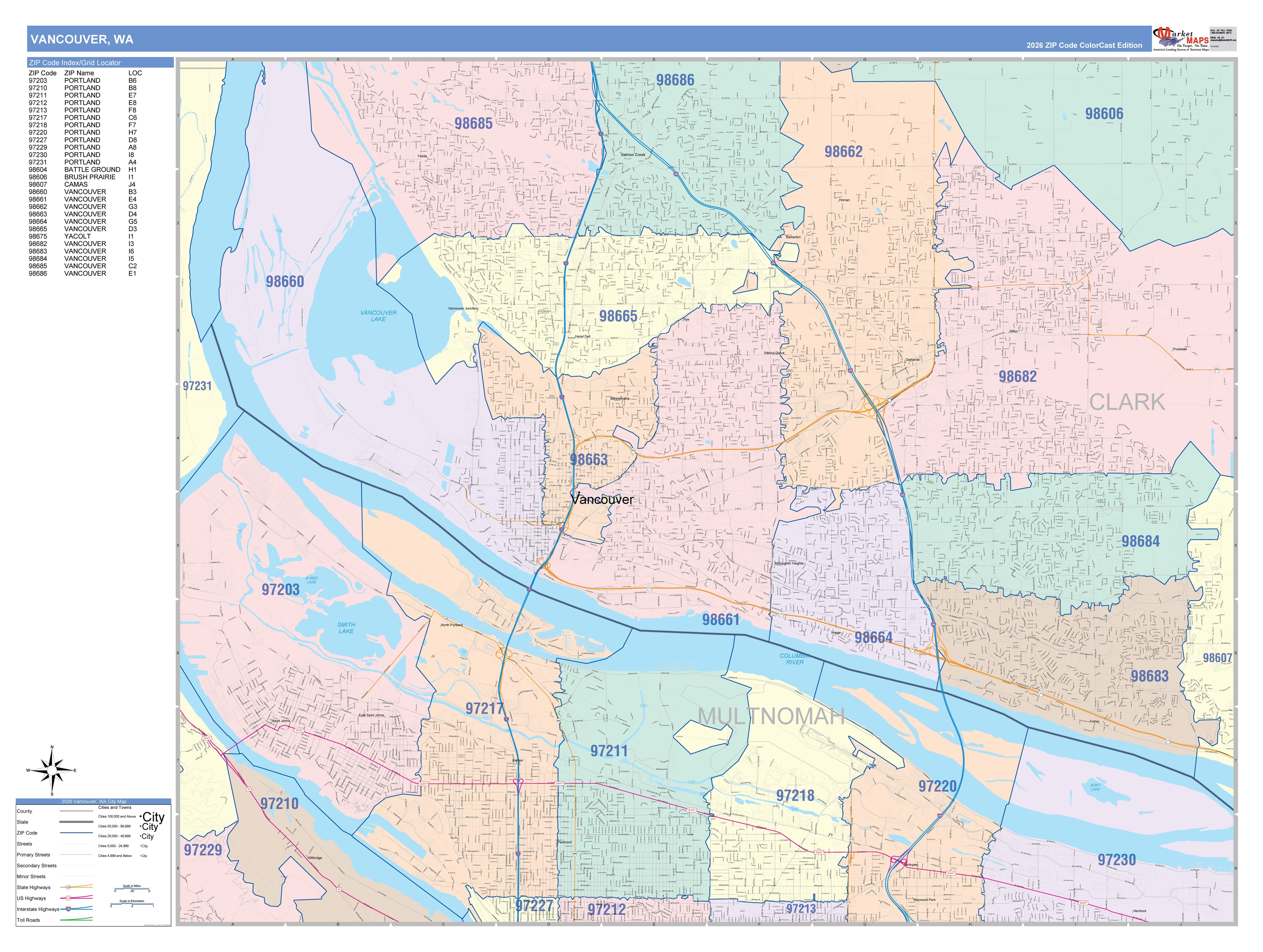 Color Cast Zip Code Style Wall Map of Vancouver, WA – American Map Store