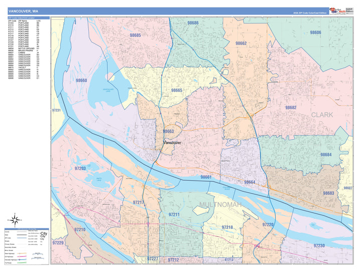 Color Cast Zip Code Style Wall Map of Vancouver, WA